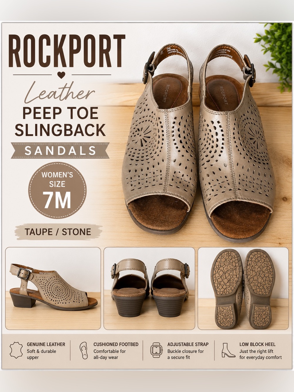 Rockport Taupe/Stone Leather Laser-Cut Peep Toe Slingback Sandals